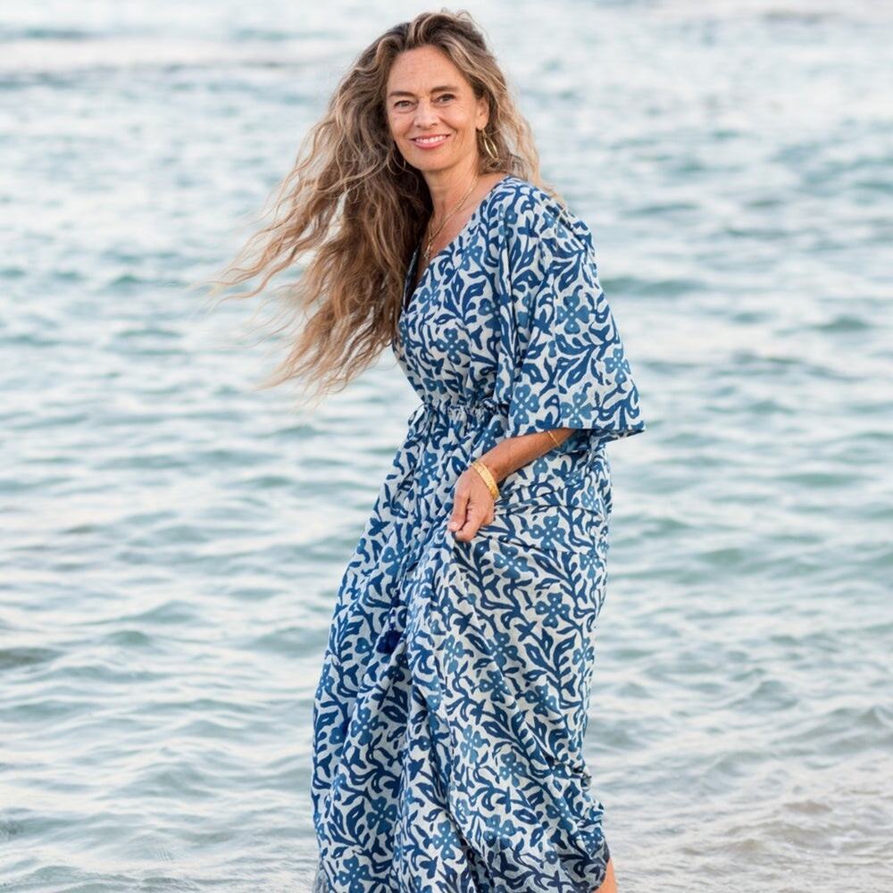 Pax Philomena Blue and White Floral Cotton Isadora Maxi Kaftan Dress One Size